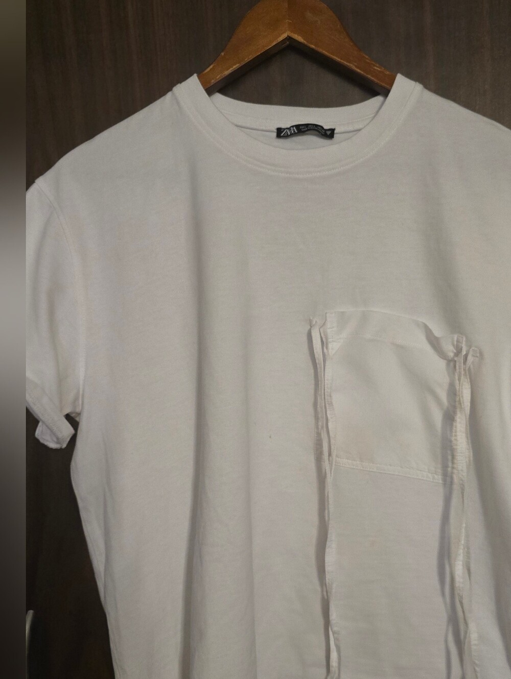Zara White Short Sleeve Crew Neck T-Shirt with Pocket and Drawstring